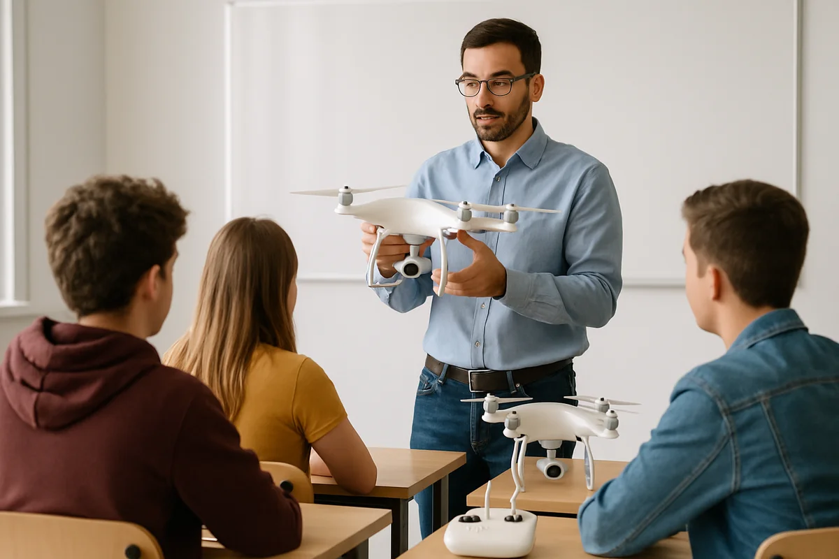 Студенты изучают управление дронами в классе с преподавателем.